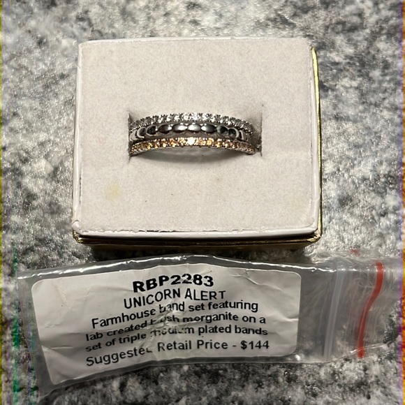 RBP2283 Unicorn- Farmhouse Brush Morganite on Rhodium Plate Bands Size 8 - Picture 1 of 9